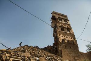 Destroyed mud-briks ancient building in Rahban, the area on the outskirts of Sa’dah city. Most of the houses in the area included on Yemen’s World Heritage Tentative List, were destroyed by several Saudi-led airstrikes in May, 2015.